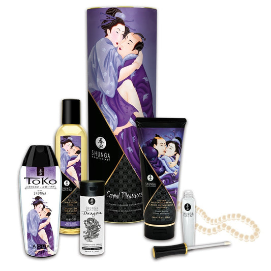 Collection of Shunga products with artistic packaging on a white background
