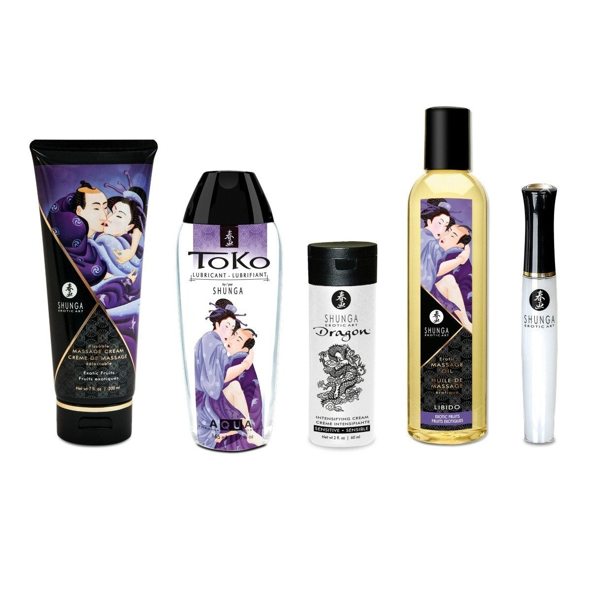 Collection of Shunga product packaging on a white background