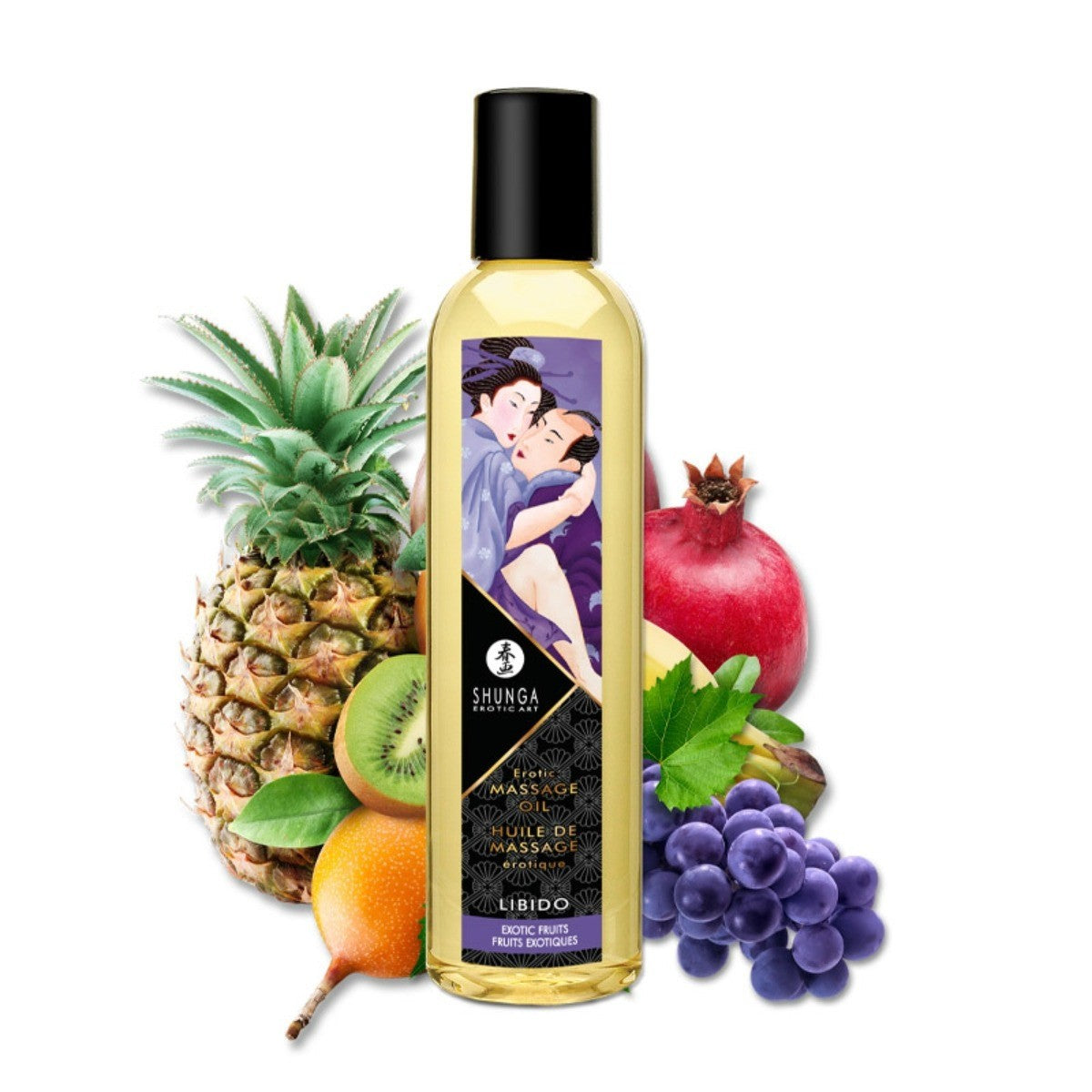 Bottle of Shunga massage oil with fruits on a white background