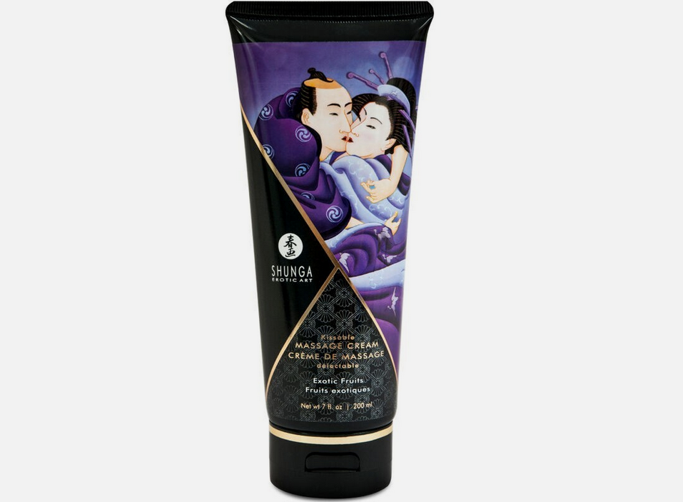 Shunga massage cream tube with artistic design on a white background