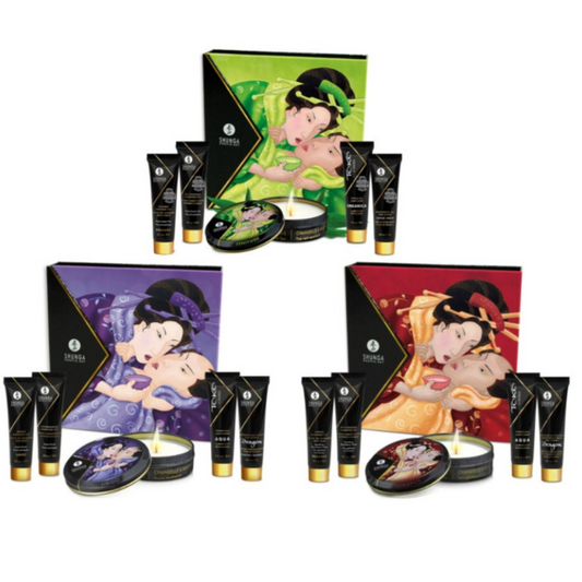 Set of massage products with character-themed packaging on a white background