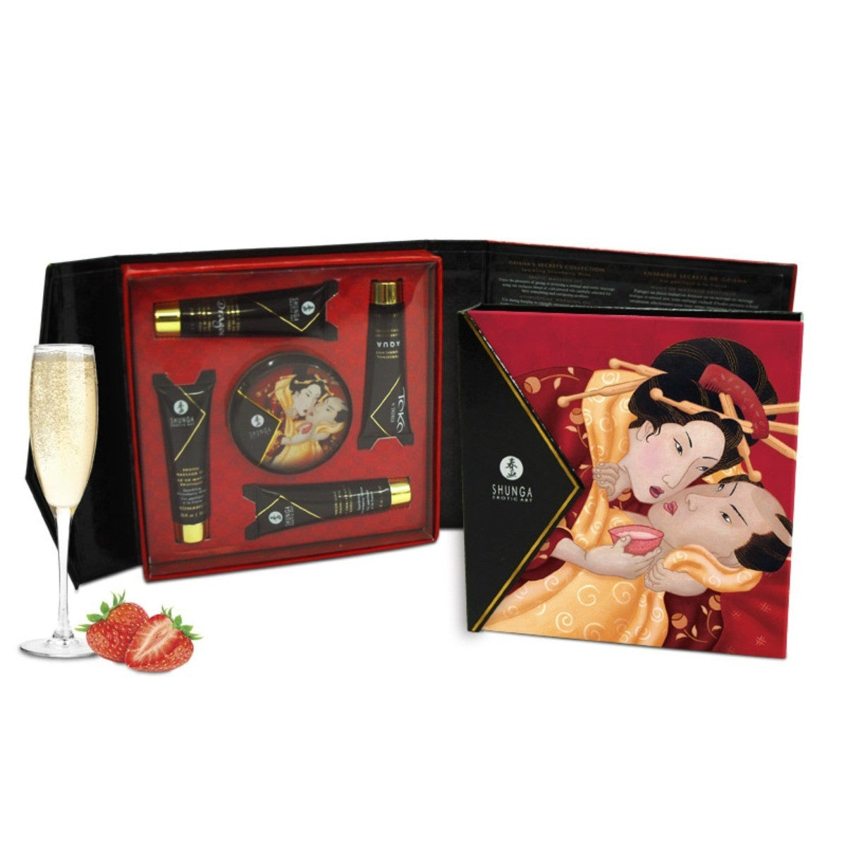 Gift set with champagne, strawberries, and a decorative box featuring an illustration of two people embracing.