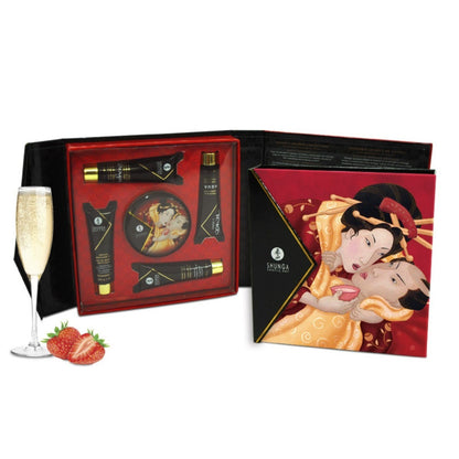 Gift set with champagne, strawberries, and a decorative box featuring an illustration of two people embracing.