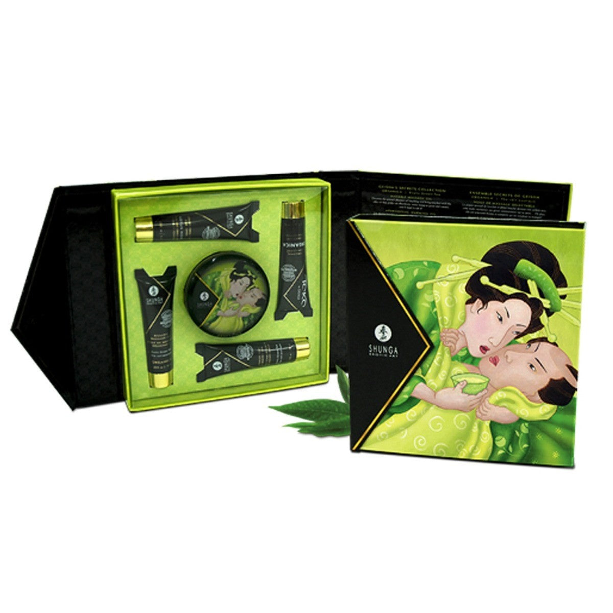 Cosmetic set with green packaging featuring an illustration of a woman and child, on a white background.