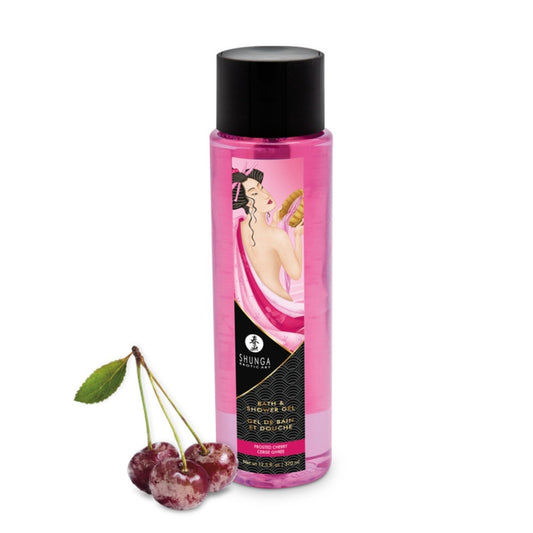Shunga cherry shower gel bottle with packaging on a white background