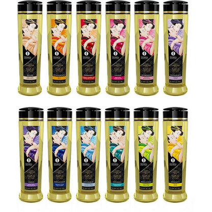 Multiple bottles of massage oil with colorful labels featuring cartoon characters on a white background.