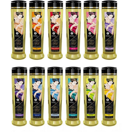 Multiple bottles of massage oil with colorful labels featuring cartoon characters on a white background.