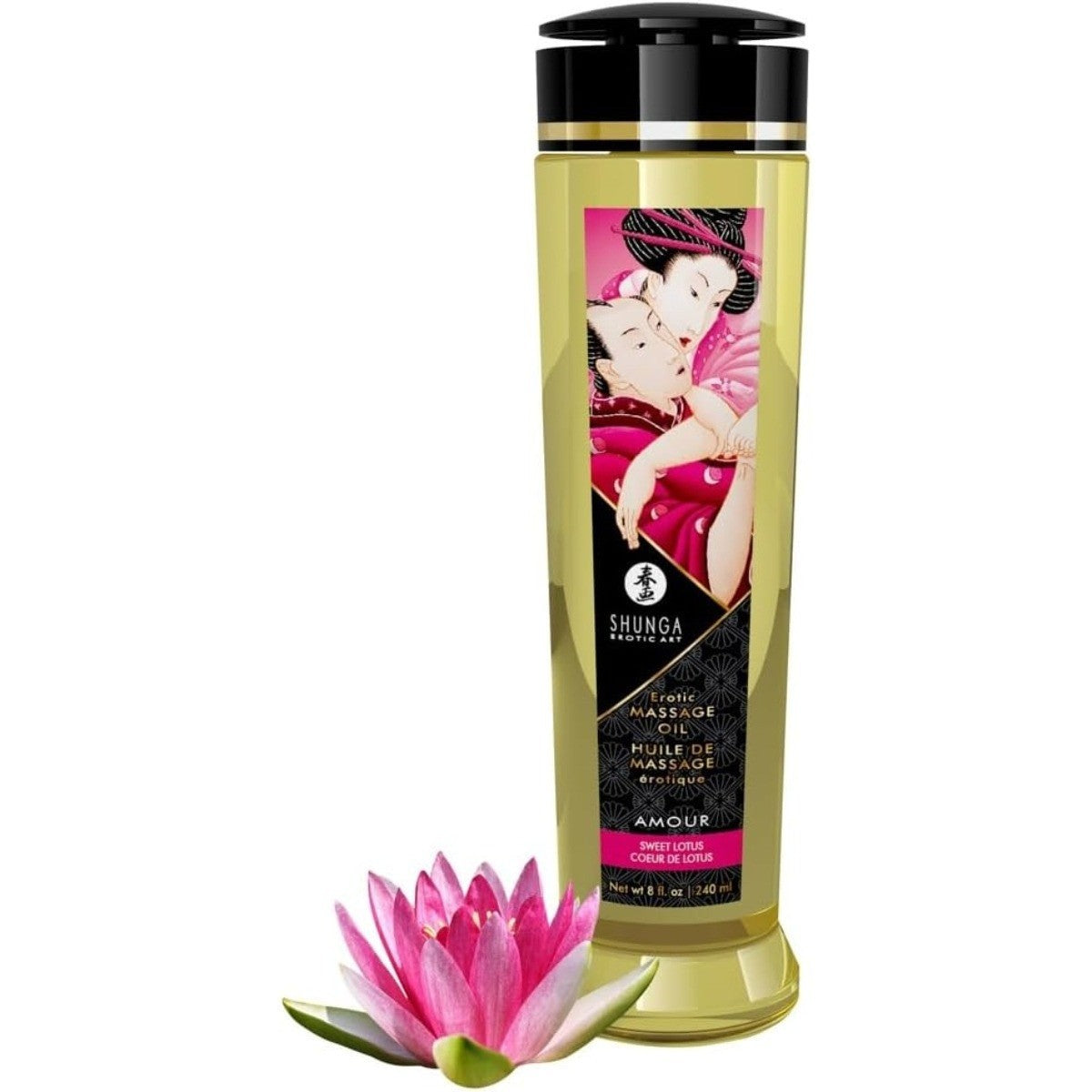 Shunga massage oil bottle with a pink flower on a white background