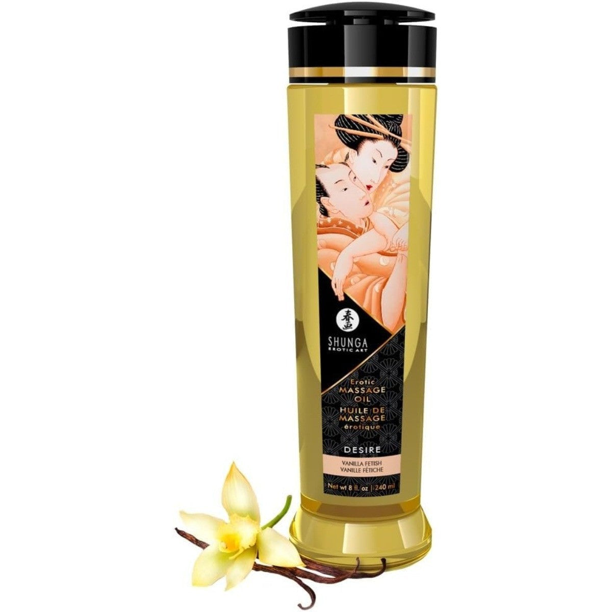 Shunga massage oil bottle with vanilla flower and vanilla bean on a white background