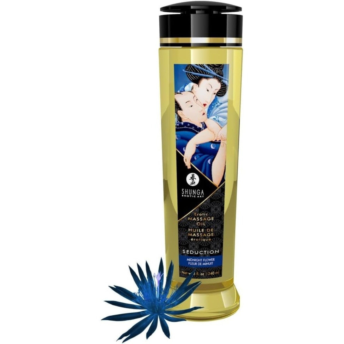Shunga massage oil bottle with packaging design on a white background