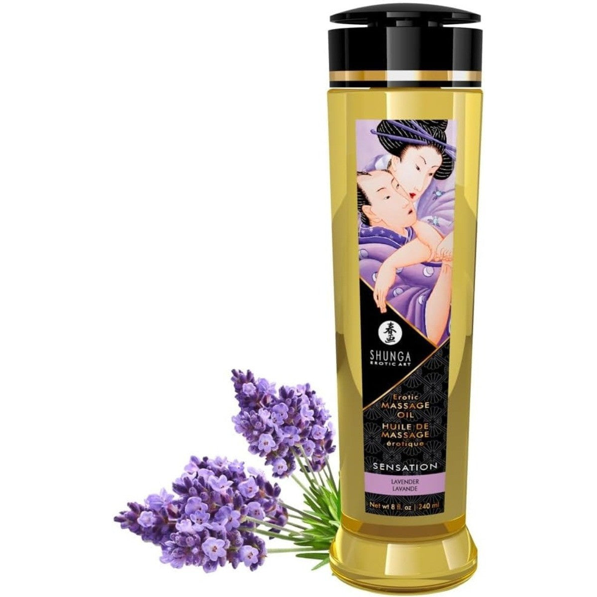Shunga massage oil bottle with lavender flowers on a white background
