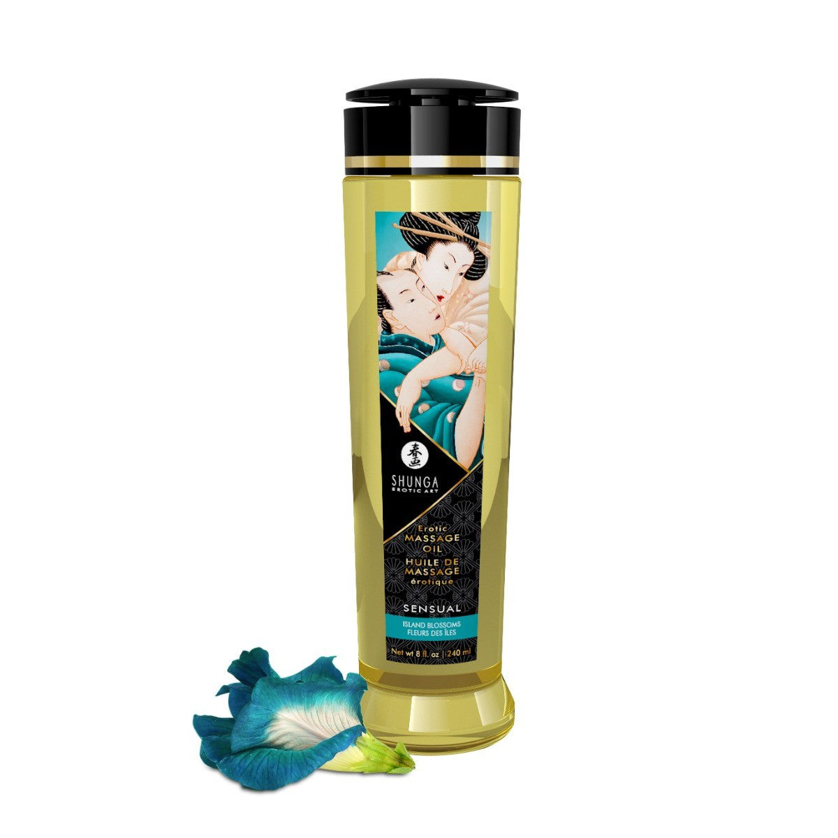 Shunga massage oil bottle with packaging design on a white background