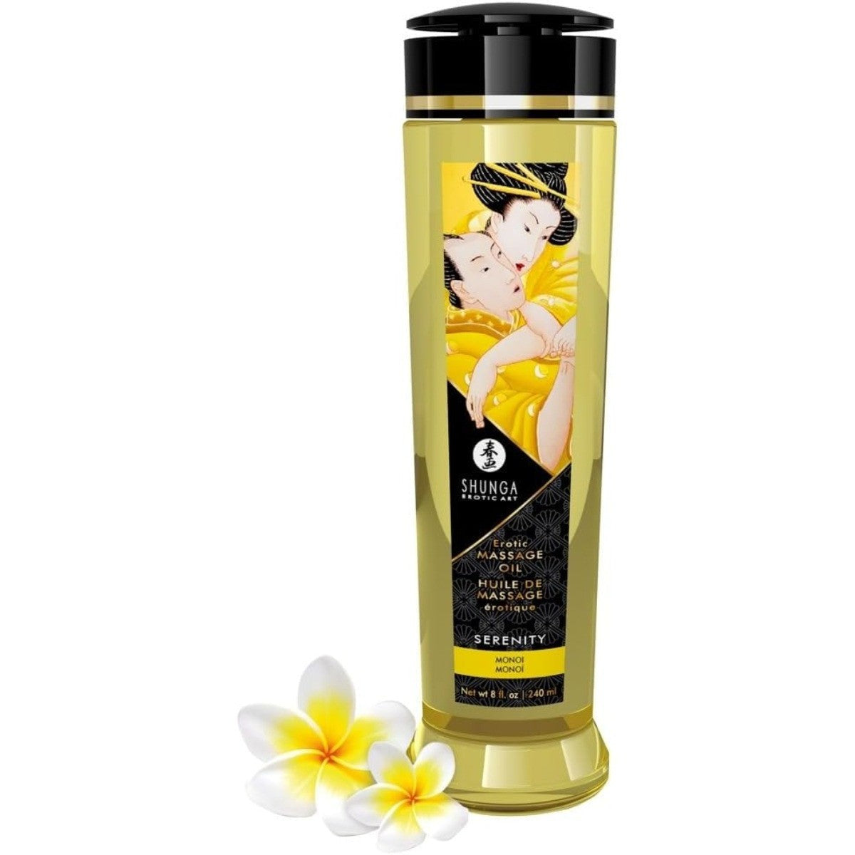 Shunga massage oil bottle with packaging design on a white background