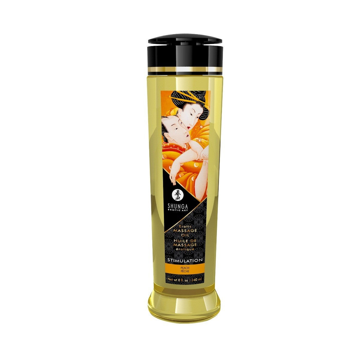 Shunga product bottle with artistic label on a white background