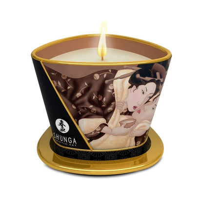 Candle in a decorative container with Shunga branding on a white background