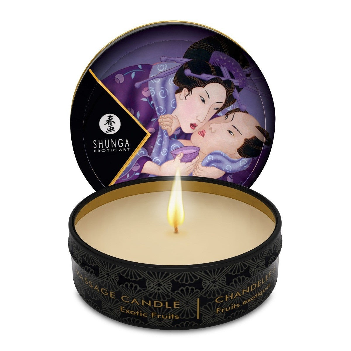 Shunga massage candle with a decorative lid featuring an illustration of two people.