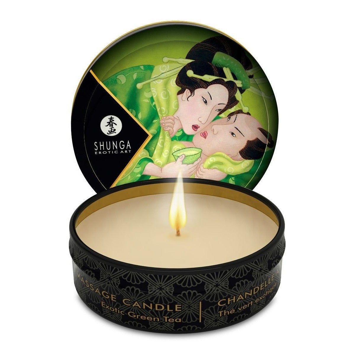 Shunga massage candle with green tea flavor in open packaging on a white background