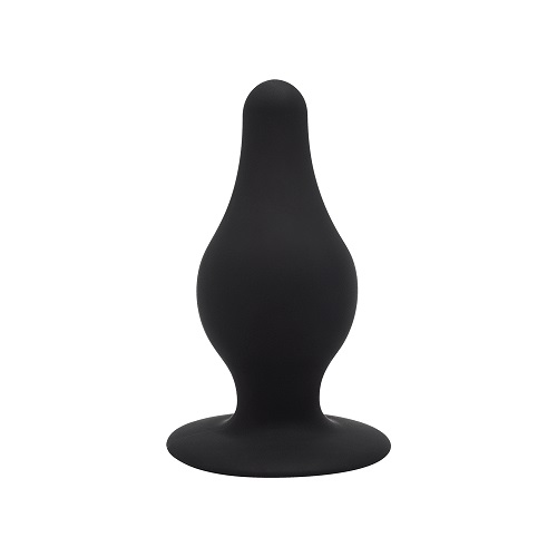 Black silicone butt plug on a white background