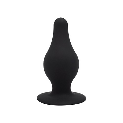 Black silicone butt plug on a white background