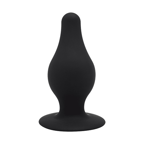 Black silicone butt plug on a white background