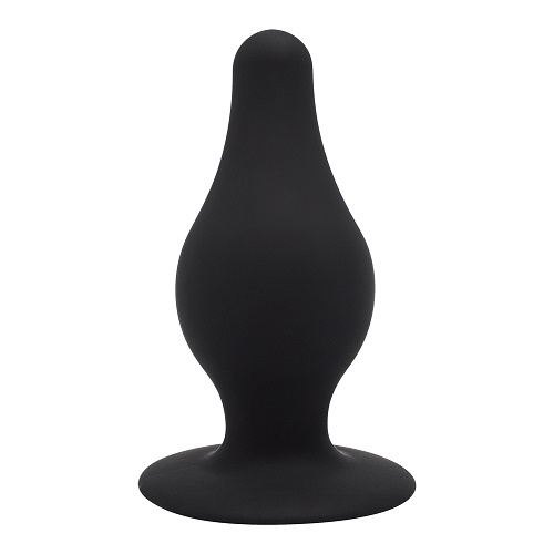 Black silicone butt plug on a white background