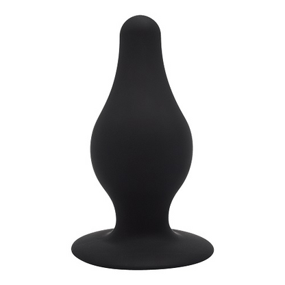 Black silicone butt plug on a white background
