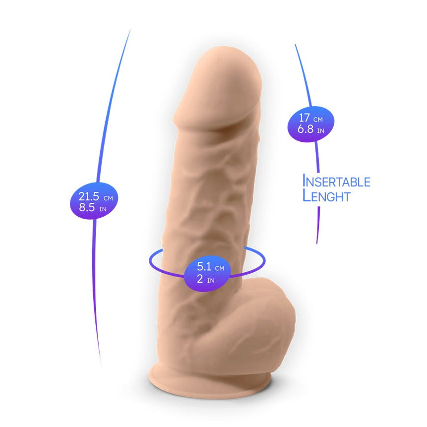 Model of a phallic-shaped product with measurements on a white background