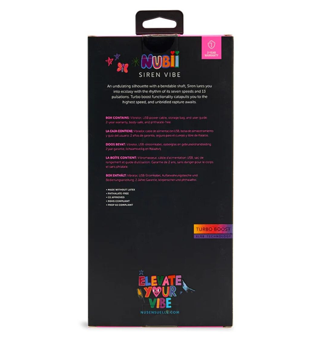 Black packaging of Nubii Siren Vibe with colorful text and branding.