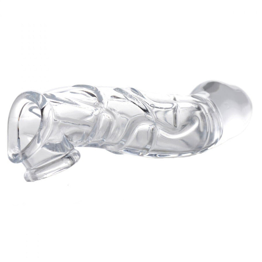Clear penis extender sleeve with wavy design on a white background