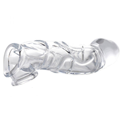 Clear penis extender sleeve with wavy design on a white background