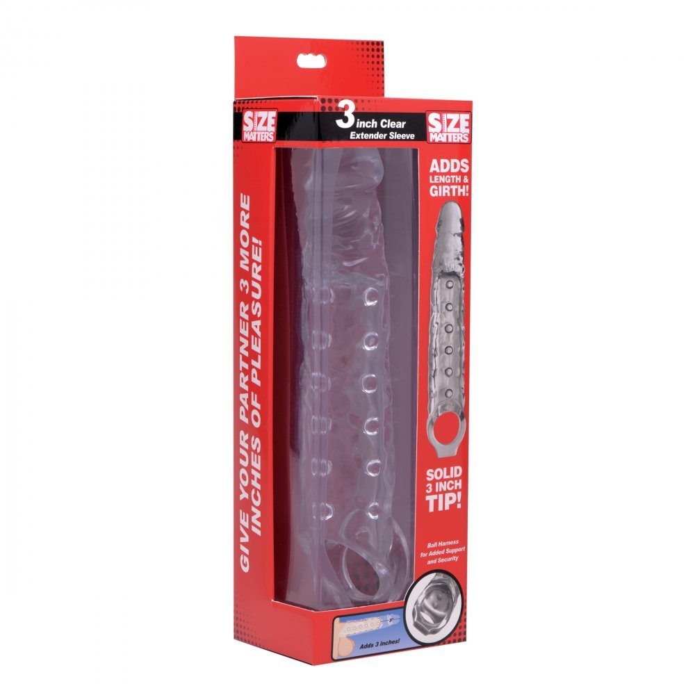 Size Matters 3 Inch Clear Penis Beaded Extender Sleeve packaging on a white background