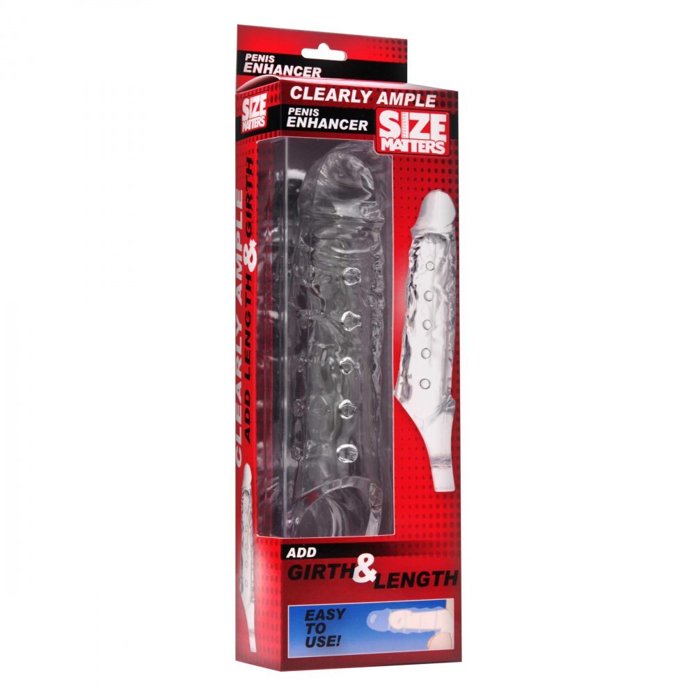 Size Matters Clearly Ample Penis Enhancer 6.5 Inch Beaded Sleeve Extender packaging on a white background