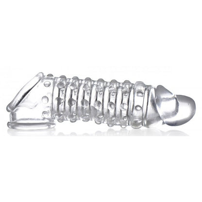 Clear silicone penis sleeve with textured design on a white background