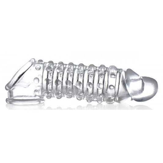 Clear silicone penis sleeve with textured design on a white background