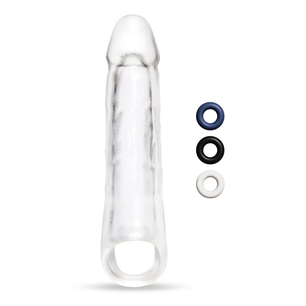 Clear silicone penis extender sleeve with three additional rings on a white background