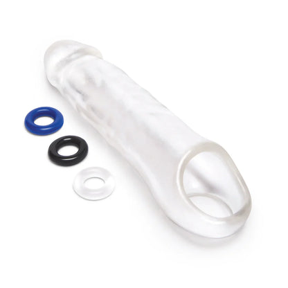Clear penis sleeve with three small rings on a white background