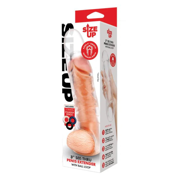 Box of Size Up 3” See-Thru Penis Extender with Ball Lock on a white background