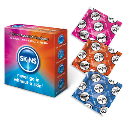 Box of Skins condoms with multiple packets displayed on a white background