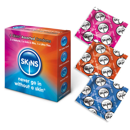 Box of Skins condoms with multiple packets displayed on a white background