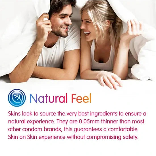 Couple lying in bed together with a product description about 'Natural Feel' condoms.