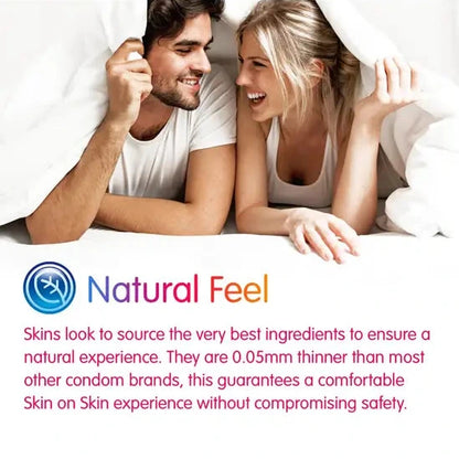Couple lying in bed together with a product description about 'Natural Feel' condoms.