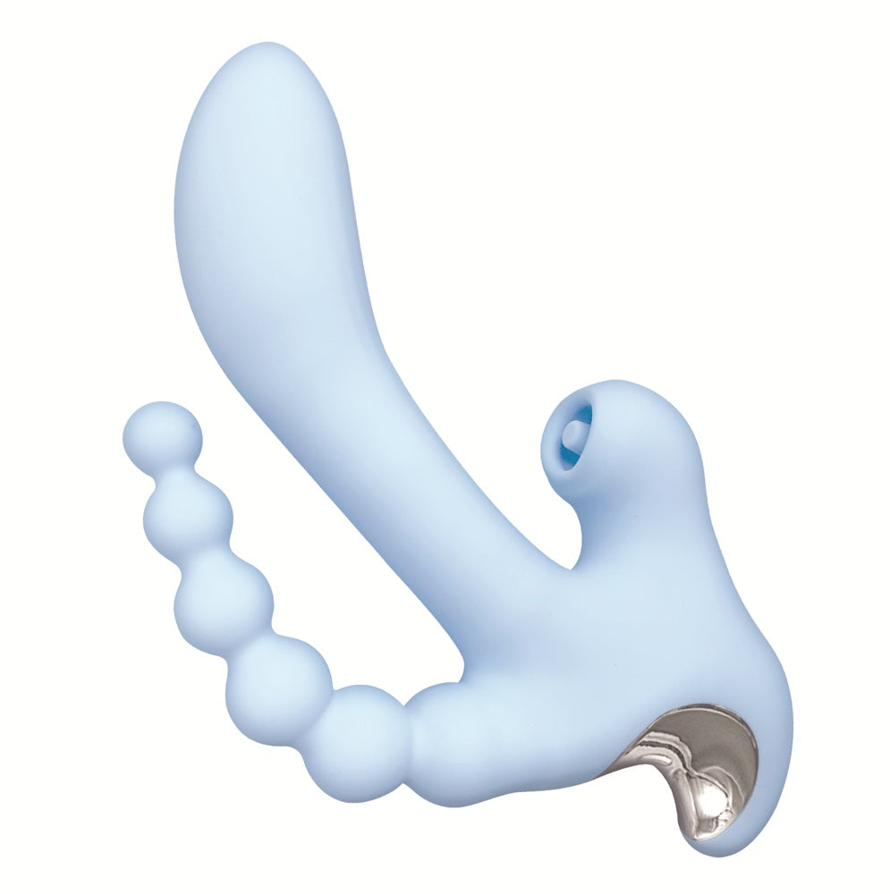 Light blue silicone butt plug vibrator on a white background