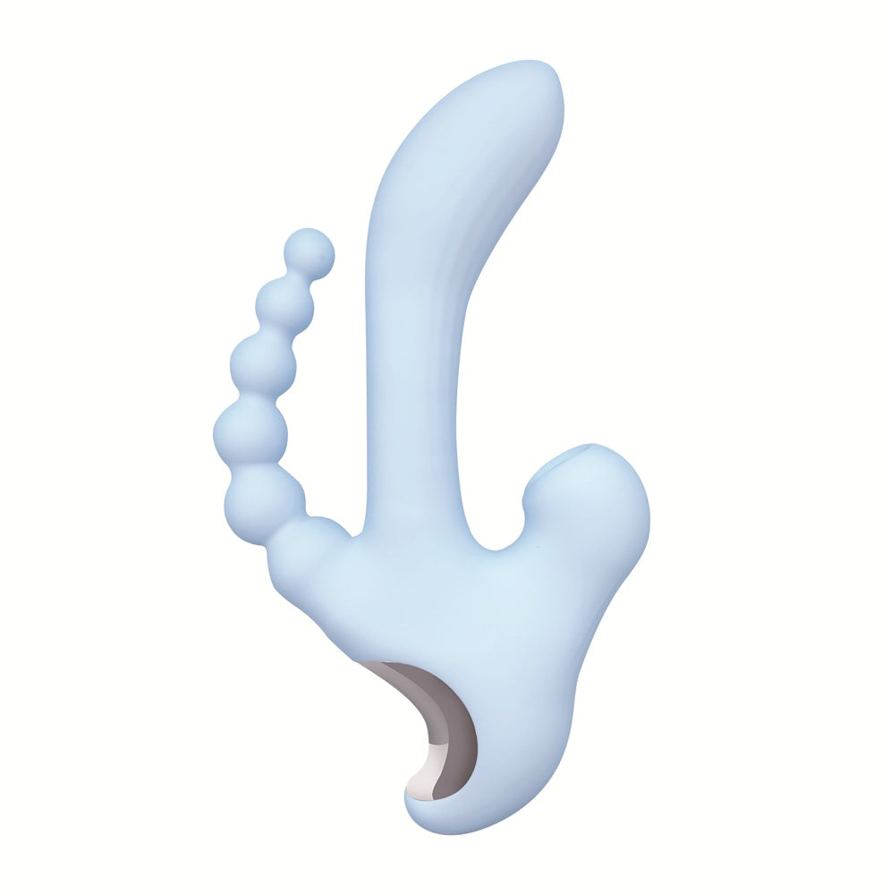 Light blue silicone anal vaginal clitoral vibrator on a white background