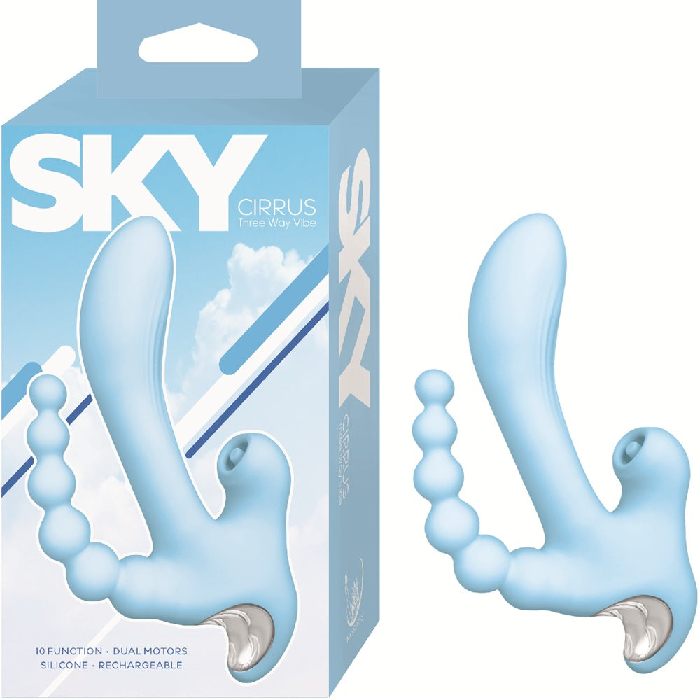 Blue silicone sex toy with packaging labelled 'SKY Cirrus' on a white background