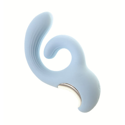 Light blue silicone personal massager with a white background