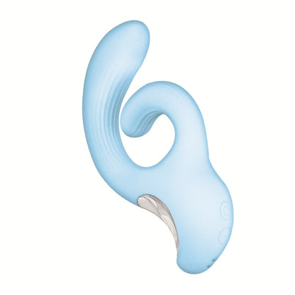 Blue silicone g-spot vibrator with a silver base on a white background