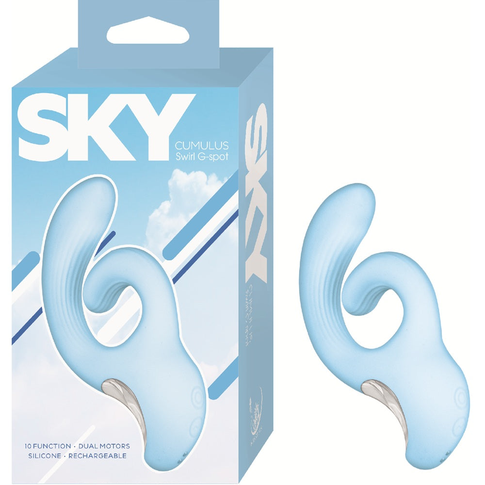 Blue silicone g-spot massager with 'SKY' branding on packaging