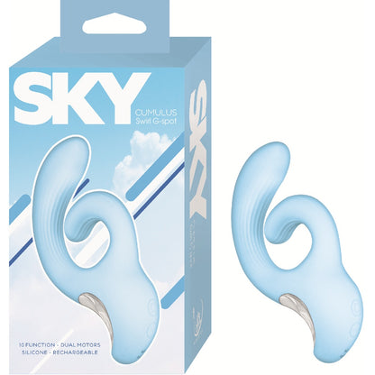 Blue silicone g-spot massager with 'SKY' branding on packaging