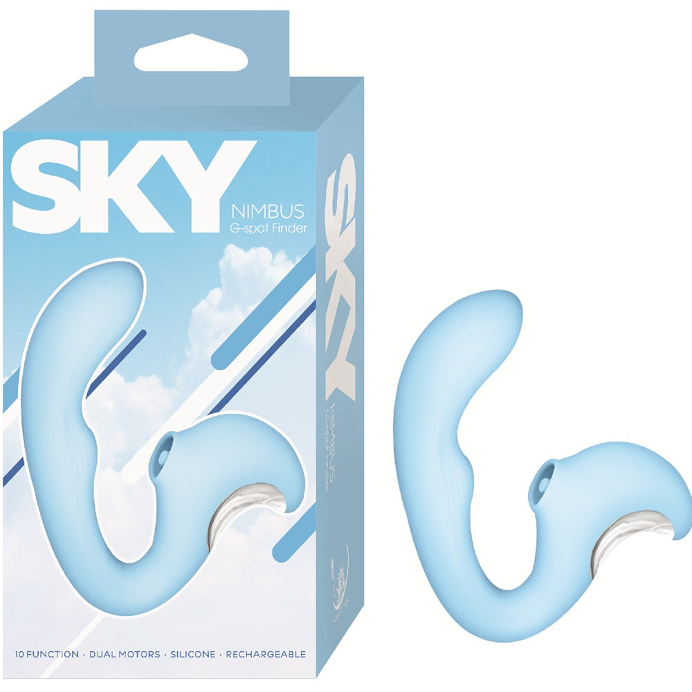 Blue silicone prostate G-Spot clitoral massager with 'SKY' branding on packaging
