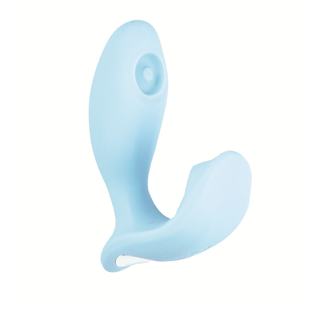 Light blue silicone g-spot butt plug on a white background
